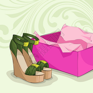 现代女39的绿色凉鞋与金色扣附近粉红色的盒子矢量插图图片