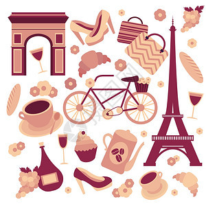 巴黎象征收藏埃菲尔铁塔法国羊角包咖啡文化孤立矢量插图图片
