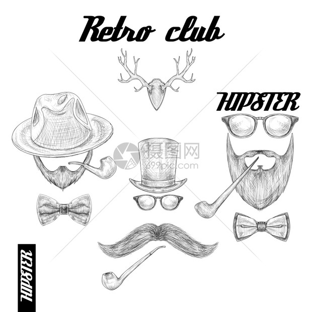 复古时尚俱乐部配件为绅士眼镜帽,烟管,蝴蝶结,胡子,素描矢量插图图片