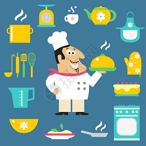 餐厅蒸粉厨师提供热菜厨房用品套锅秤杯茶围裙矢量插图图片