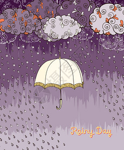 装饰涂鸦雨天天气海报打印元素与打开伞暴风雨云矢量插图图片