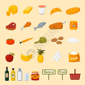 超市食品收集广告新鲜健康的水果蔬菜肉类油类孤立插图矢量图片