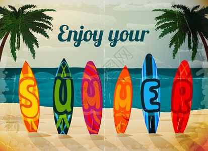 暑假冲浪板海报,热带天堂岛海洋冲浪矢量插图图片
