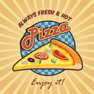 比萨饼店广告新鲜热享受海报与比萨饼切片矢量插图图片