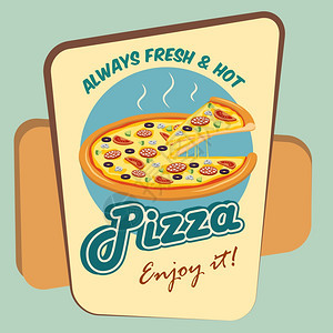 比萨饼店广告海报与蘑菇意大利香肠西红柿橄榄披萨矢量插图图片
