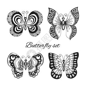 套黑白纹身风格的蝴蝶与华丽的翅膀孤立矢量插图背景图片