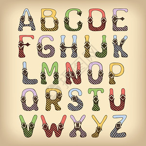草图手绘彩色字母与舱口菱形装饰字体字母孤立矢量插图背景图片