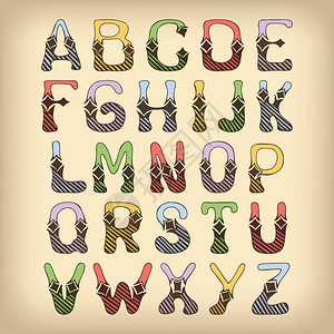 草图手绘彩色字母与舱口菱形装饰字体字母孤立矢量插图图片