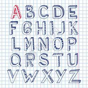 素描手绘三维涂鸦字母表字母平方笔记本页孤立矢量插图图片