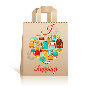 大搬运纸销售购物袋模板与爱心衣服配件符号矢量插图图片
