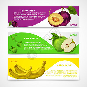 混合天然机甜果横幅收集苹果李子香蕉咖啡甜点菜单模板矢量插图图片
