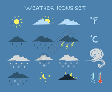 天气预报图标集云晴空闪电矢量插图图片