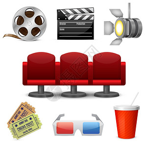 电影娱乐活动装饰图标电影票剧院椅子元素孤立矢量插图图片