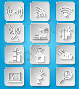 无线通信网络商务纸图标集咖啡厅,wifi热点信号搜索路由器设备隔离矢量图背景图片