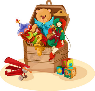 木箱胸部与复古玩具的飞机块木偶泰迪熊海报矢量插图图片