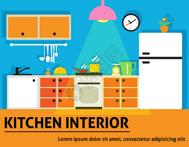 厨房内部现代家庭食品烹饪海报矢量插图图片