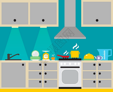 现代厨房内部与家具家庭设备海报矢量插图图片