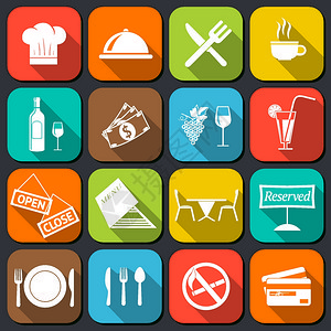 餐厅食品烹饪服务平图标与切尔帽克洛切杯餐具隔离矢量插图图片