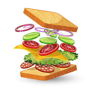 意大利腊肠三明治配料食品标志与包,洋葱,黄瓜,番茄,奶酪,生菜,萨拉米分离矢量插图图片
