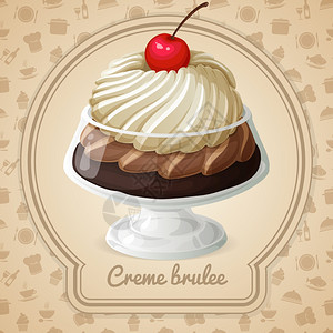 奶油布鲁斯甜点与樱桃装饰章食品烹饪图标背景矢量插图图片