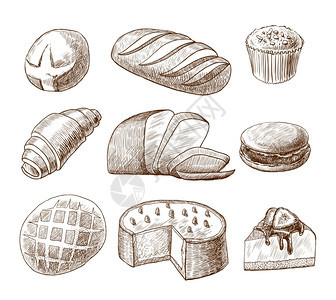 膨化糕点包品种涂鸦食品图标矢量插图图片