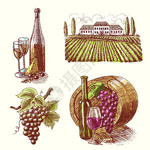 葡萄酒份素描装饰手绘图标集桶葡萄枝酒庄孤立矢量插图背景图片