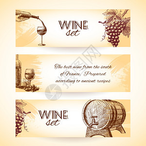 葡萄酒份素描横幅酒杯瓶桶隔离矢量插图图片