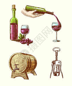 葡萄酒份手绘装饰图标瓶塞桶瓶葡萄酒隔离矢量插图图片