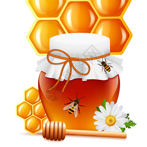 甜天然蜜蜂蜂蜜璃瓶与迪珀雏菊蜂窝背景打印矢量插图图片
