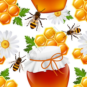 装饰蜂蜜食品罐蜂房大黄蜂雏菊蜂窝无缝图案矢量插图图片