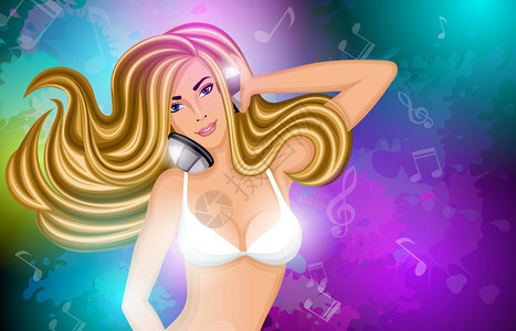 夜生活迪斯科音乐派感长发女孩穿着白色比基尼顶部与耳机海报矢量插图背景图片