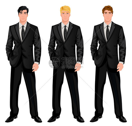 三位轻英俊的商人穿着正式西装,各种头发颜色发型矢量插图图片