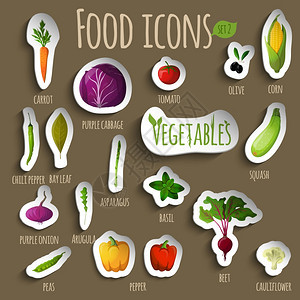 食物蔬菜涂鸦贴纸套胡萝卜胡椒洋葱豌豆芦笋南瓜矢量插图图片