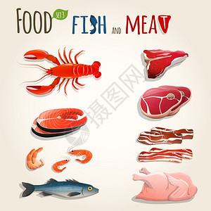 食品鱼肉装饰元素收集鸡虾培根矢量插图图片