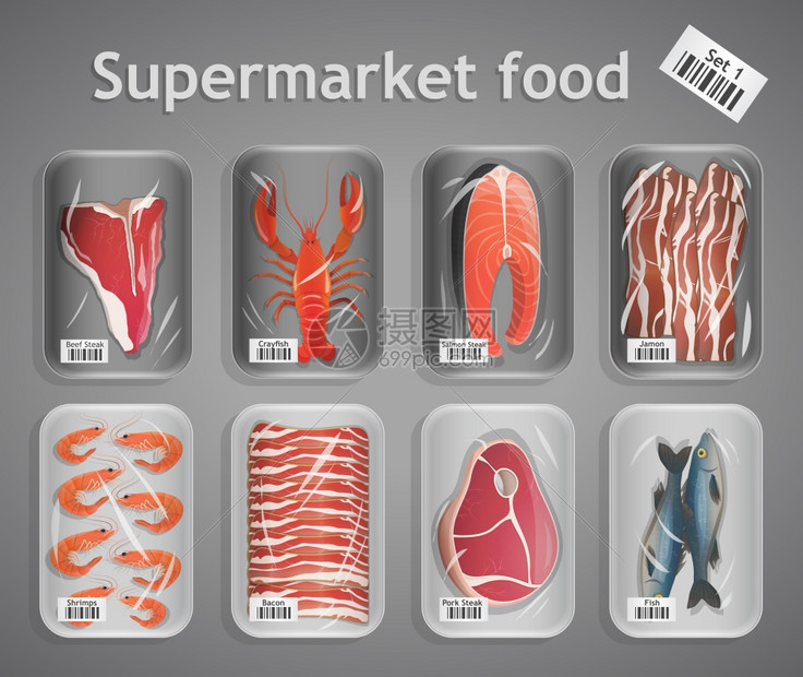 冷冻新鲜鱼类肉类超市食品包装装饰元素矢量插图图片