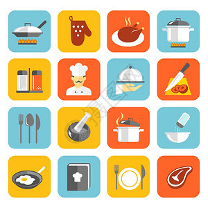 烹饪厨房餐厅平图标与平底手套鸡厨师孤立矢量插图图片