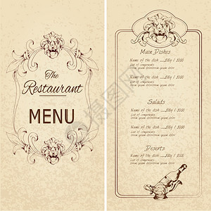 复古餐厅菜单模板与狮子酒瓶装饰矢量插图图片