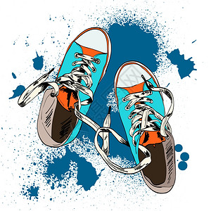 彩色时髦的胶鞋,时尚运动鞋,格栅风格与墨水飞溅背景矢量插图图片