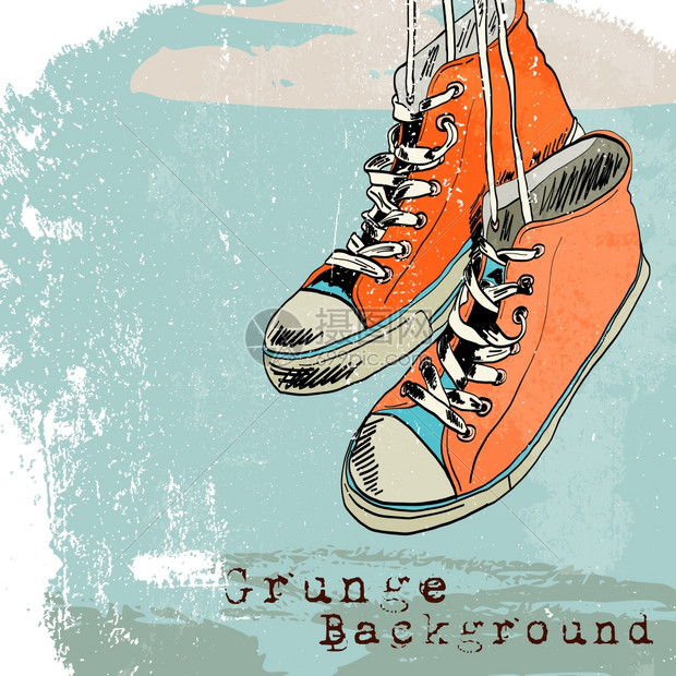 彩色时髦的悬挂胶鞋滑板时尚运动鞋格栅风格背景矢量插图图片