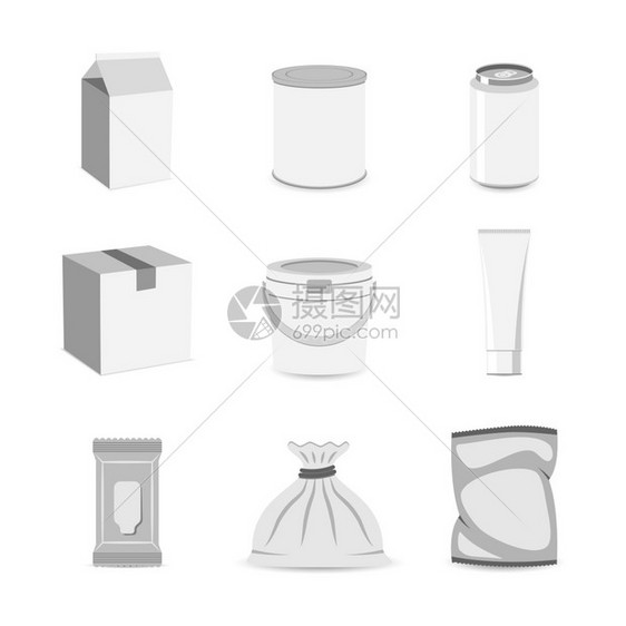 包装容器可以盒袋罐管模型图标平隔离矢量插图图片