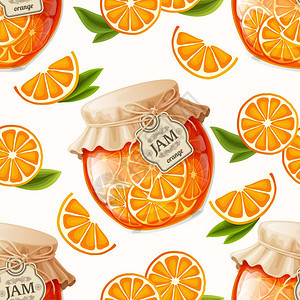 天然机橙片果酱罐叶子无缝图案矢量插图图片
