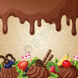 甜点背景与牛奶巧克力糖浆奶油装饰矢量插图图片
