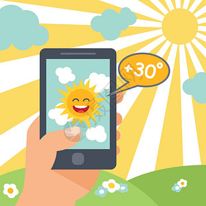天气预报热智能手机海报与微笑太阳矢量插图图片