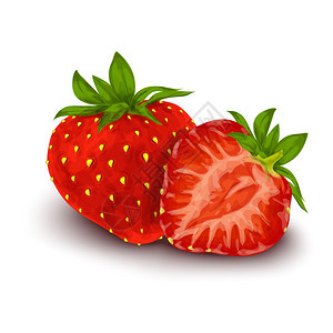 天然机甜草莓与叶片种子分离白色背景海报矢量插图图片