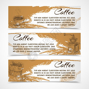 水平复古黑色强烈的咖啡香气横幅豆子磨床咖啡壶涂鸦手绘矢量插图图片