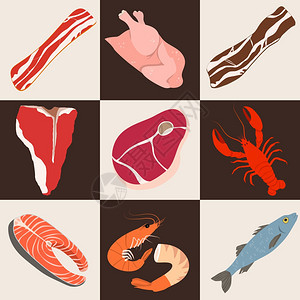 食物鱼肉平图标收集鸡虾培根矢量插图图片