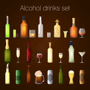 酒精饮料瓶璃葡萄酒啤酒香槟马提尼孤立矢量插图图片