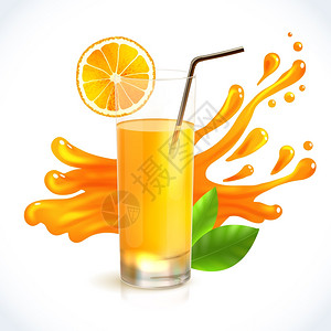 橙汁健康饮料璃与吸管溅背景标志矢量插图图片