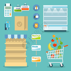 超市线网站与食品分类,开放时间支付选项图标插图矢量图片