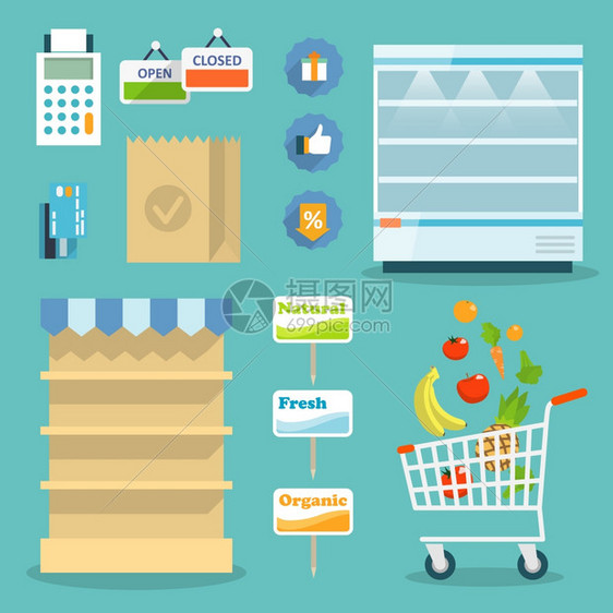 超市线网站与食品分类,开放时间支付选项图标插图矢量图片